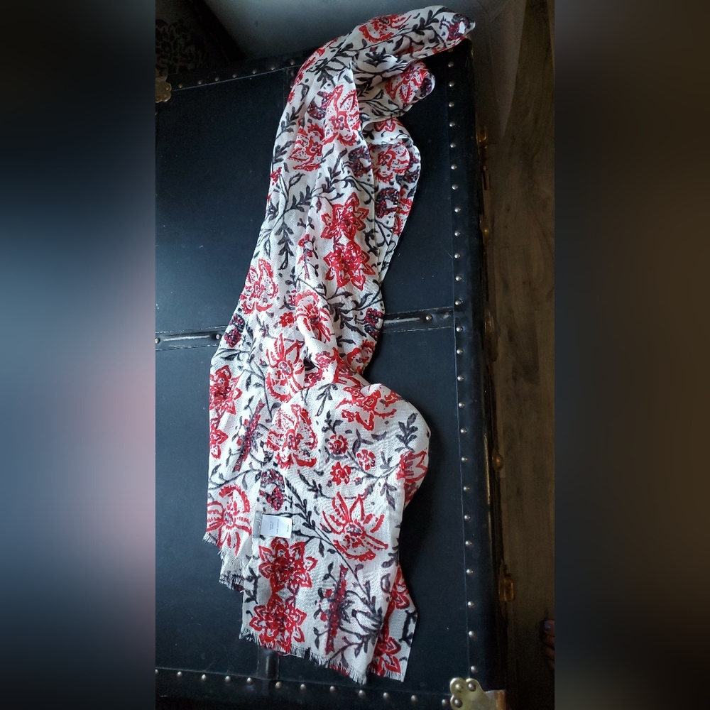 J. Jill Soft Red and Black Blockprint Style Floral Scarf, 70"